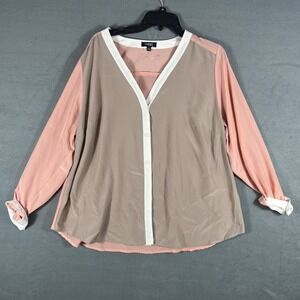 ELEMENTZ WOMAN Plus Size 2X Colorblock Blouse Top Pink Taupe White Long Sleeve